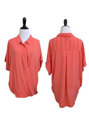 New Directions Coral Orange Slant Button Faux Wrap Blouse - Size XL Womens